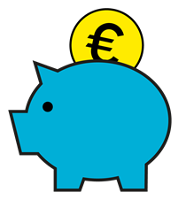 Auf der Grafik ist ein blaues Sparschwein zu sehen, auf dessen Rücken zu einem Viertel eine gelbe Münze mit einem großen Euro-Zeichen steckt.
